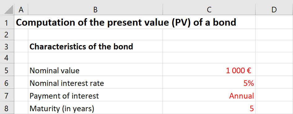 Excel file to compute the present value of a bond