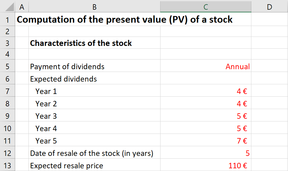 Excel file to compute the present value of a stock