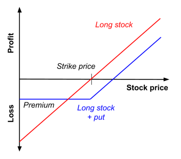 Profit and loss (P&L) of a married put as a function of the price of the underlying asset at maturity