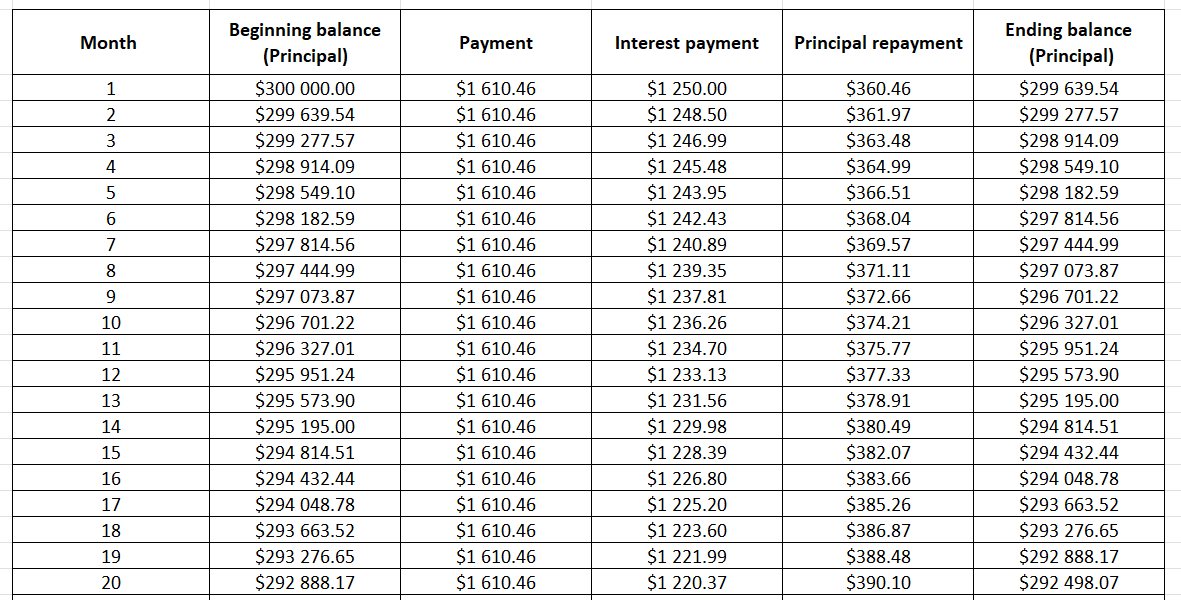 Example of repayment schedule