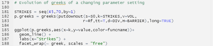 Barrier option R code Sensitivity Greeks Evolution