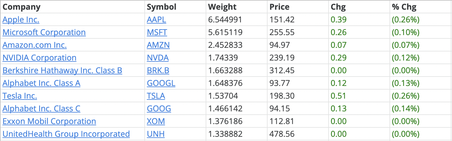 Top 10 stocks in the S&P 500 index