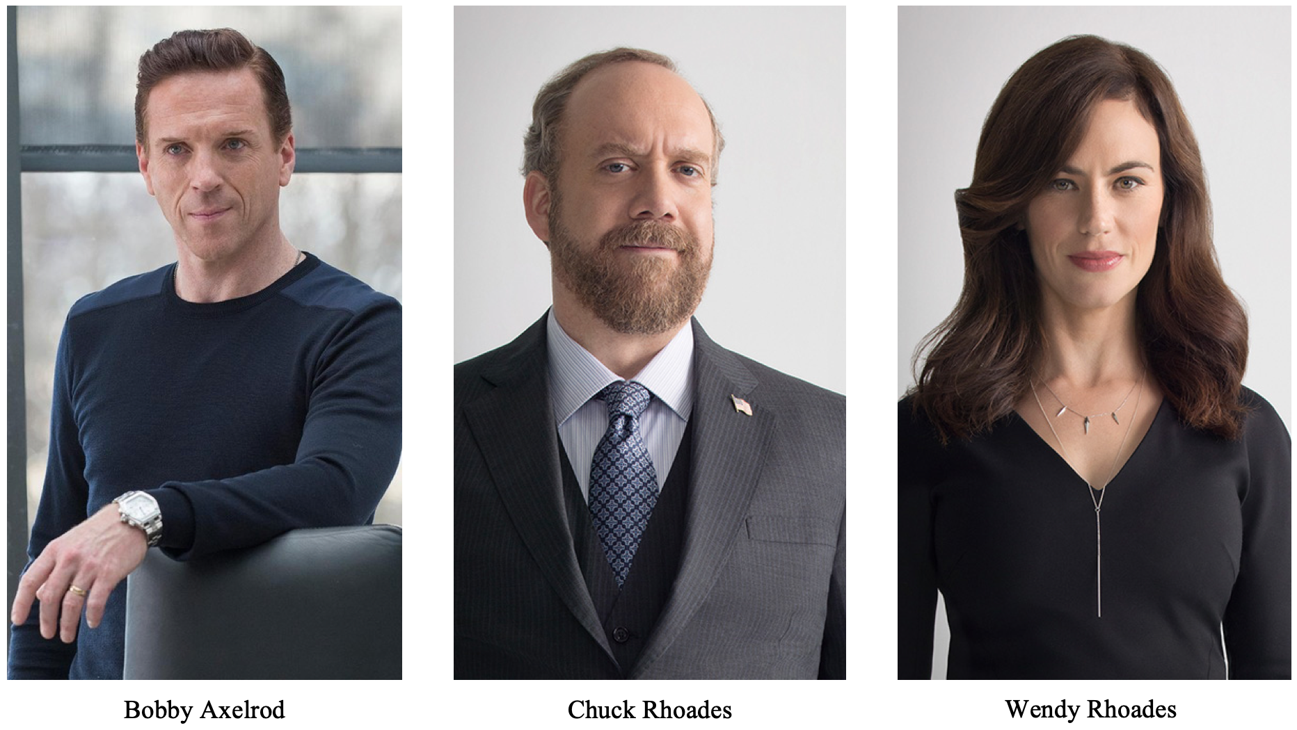 Billions main characters: Bobby Axelrod, Chuck and Wendy Rhoades