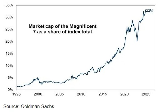 Market capitalization of the Magnificent 7 as a share of index total