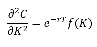 Second derivative of call price with respect to strike.