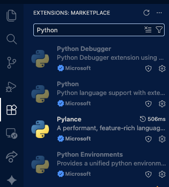 VS Code Extensions Marketplace showing Python extension by Microsoft