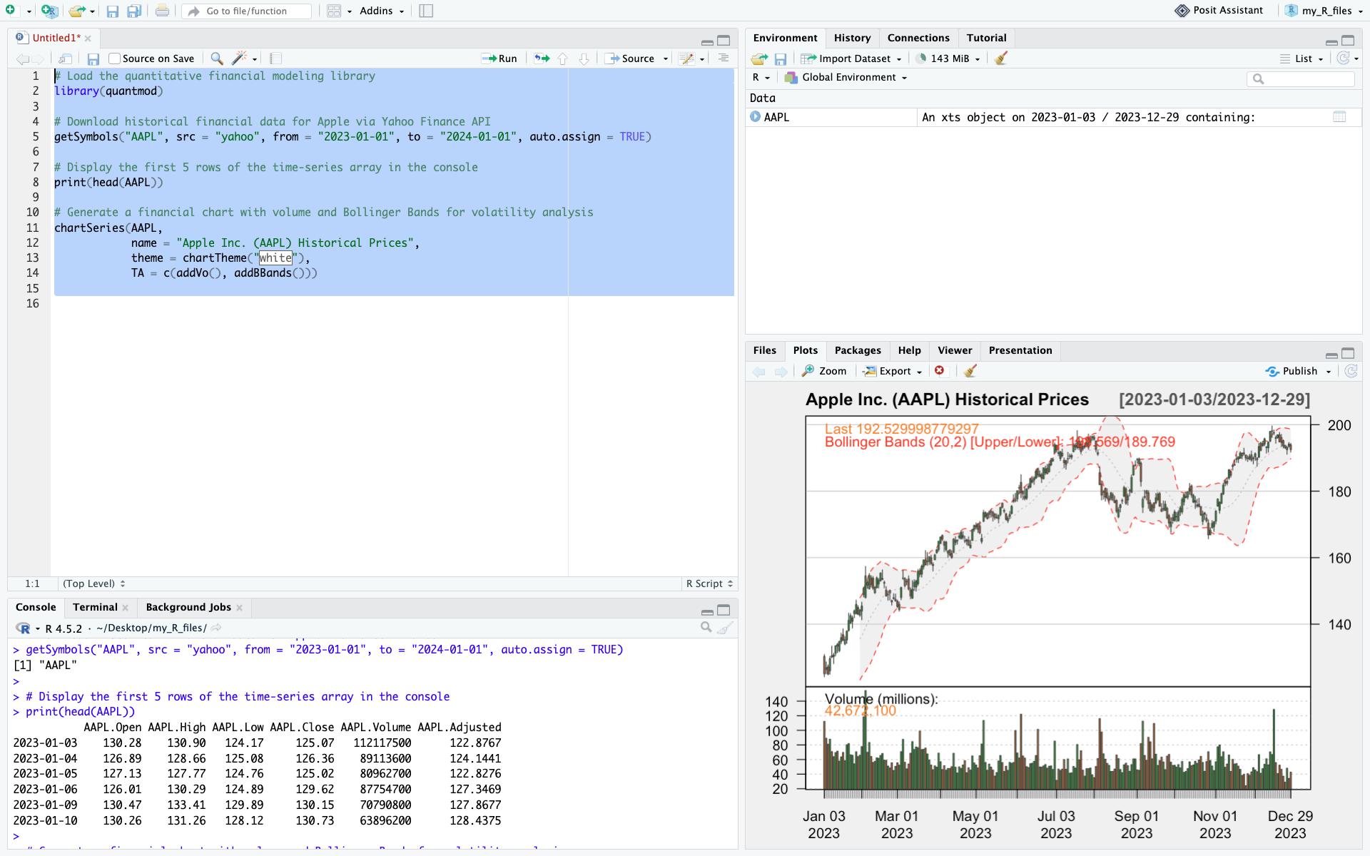 A screenshot of R Studio after running the test script