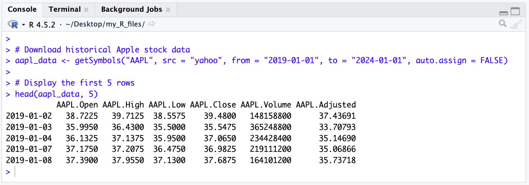 A screenshot from RStudio showing the output table of the getSymbols query