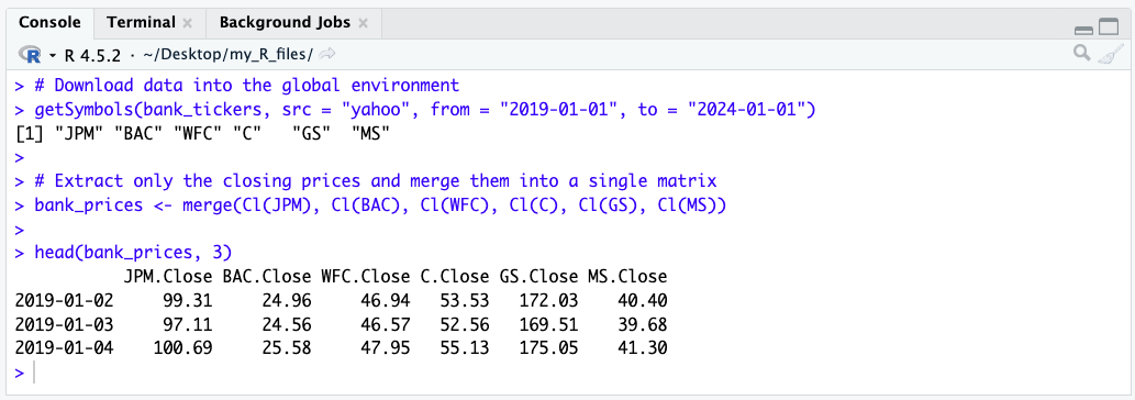Screenshot of the output of the previous cell showing the US Banks matrix
