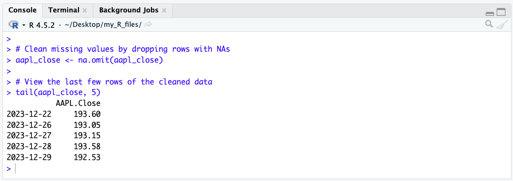 A screenshot from RStudio showing the output of the tail function
