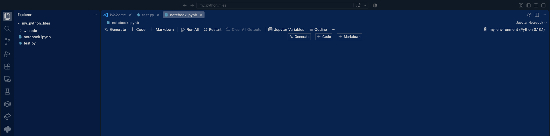 An image of the VS Code menu with notebook.ipynb and test.py created
