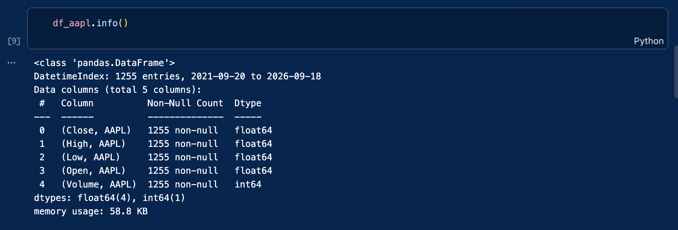 A screenshot from VSC showing the output of df_aapl.info() 