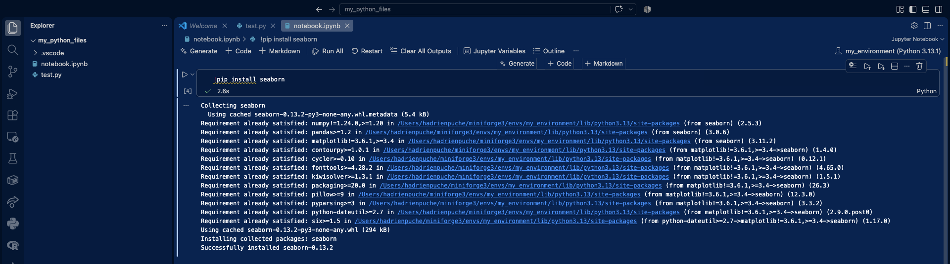 An image of the VS Code menu with notebook.ipynb and test.py created